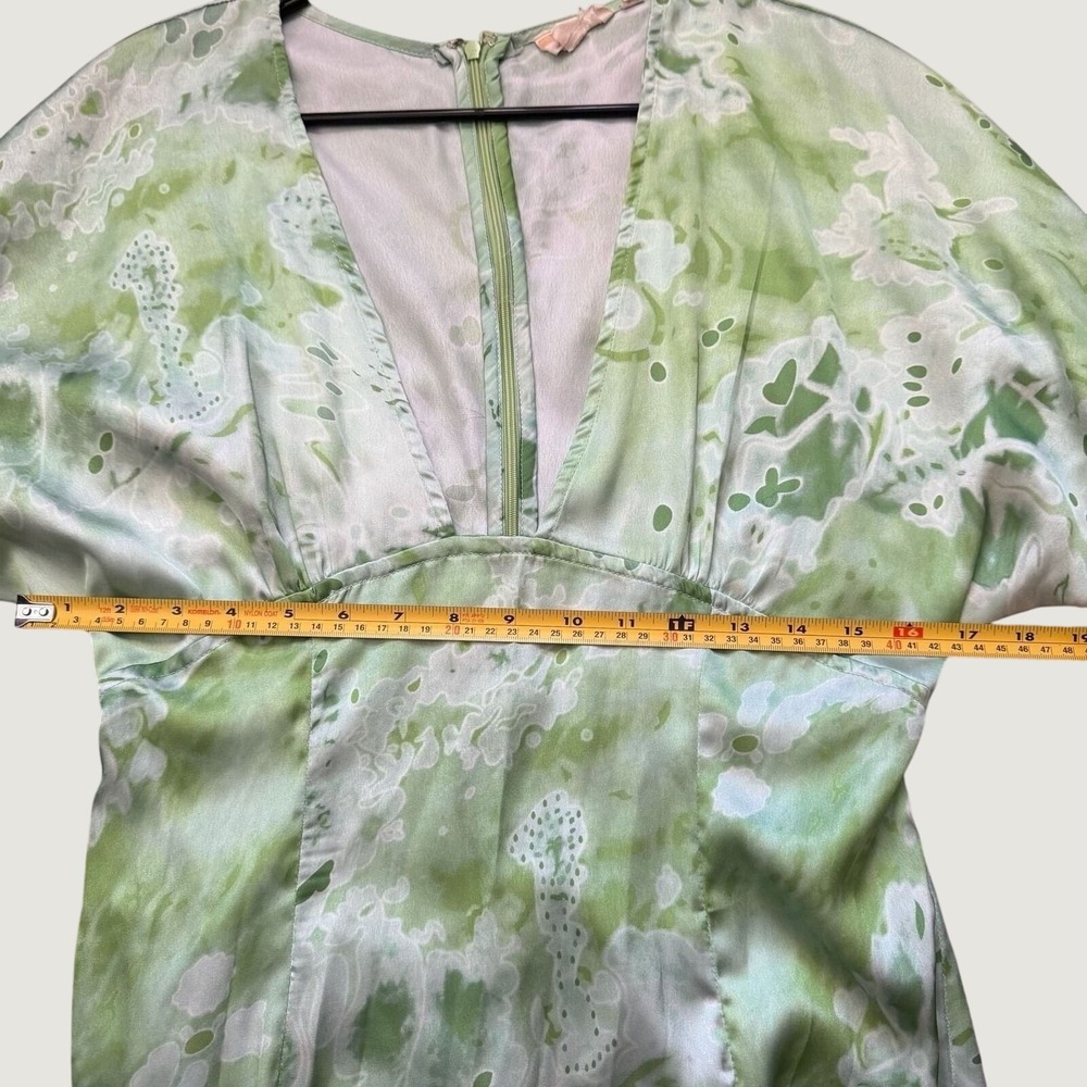 Maxi Dress Medium Boho Tie Dye Satin Ruched Bell Sleeve Green V-Neck - Picture 8 of 11